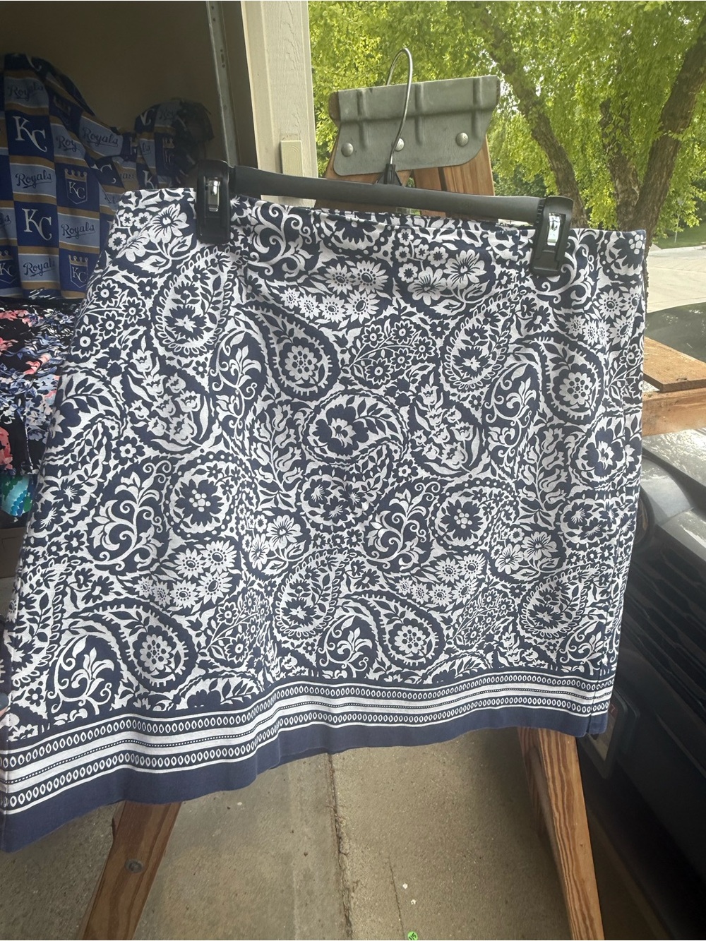 Talbots Navy and White Paisley Border Mini Skirt